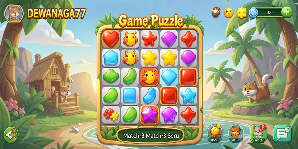 Screenshot DEWANAGA77 menampilkan gameplay Match-3 yang mengasyikkan.