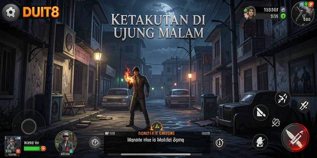 Screenshot gameplay DUIT8 menampilkan suasana menyeramkan di dalam ruangan gelap.
