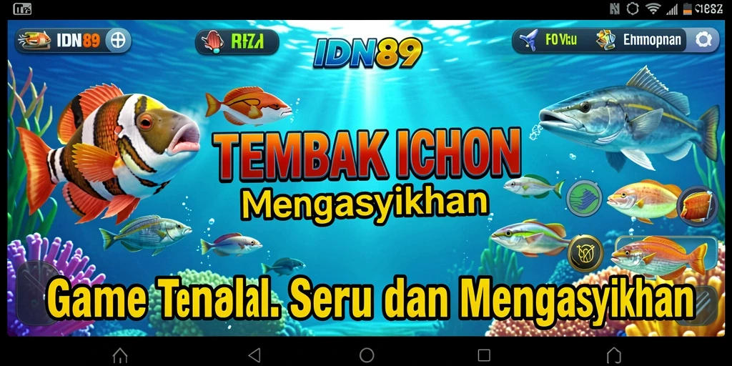 Tampilan gameplay IDN89 saat menembak ikan berwarna-warni.